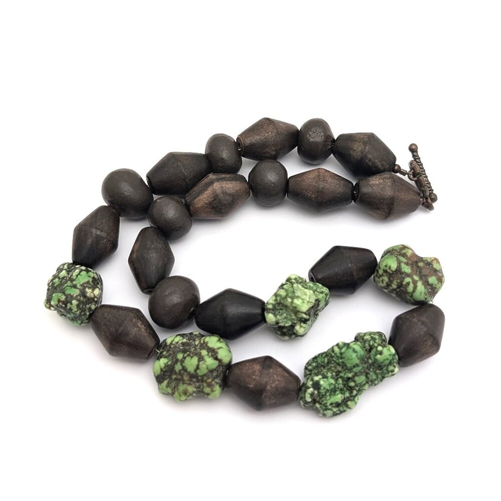 Large Brown Bead Necklace With Chunky Green Howlite Nuggets